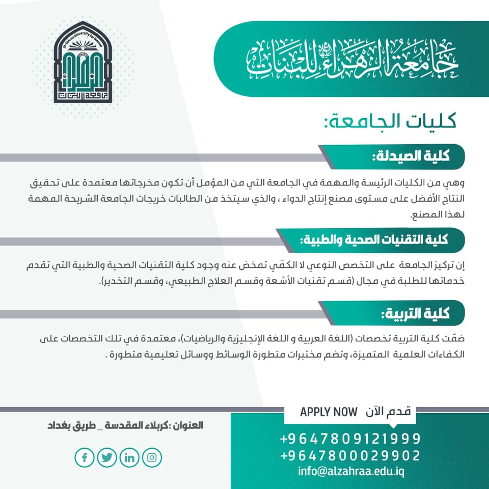 مدخلات القبول في كليات جامعة الزهراء ع للبنات