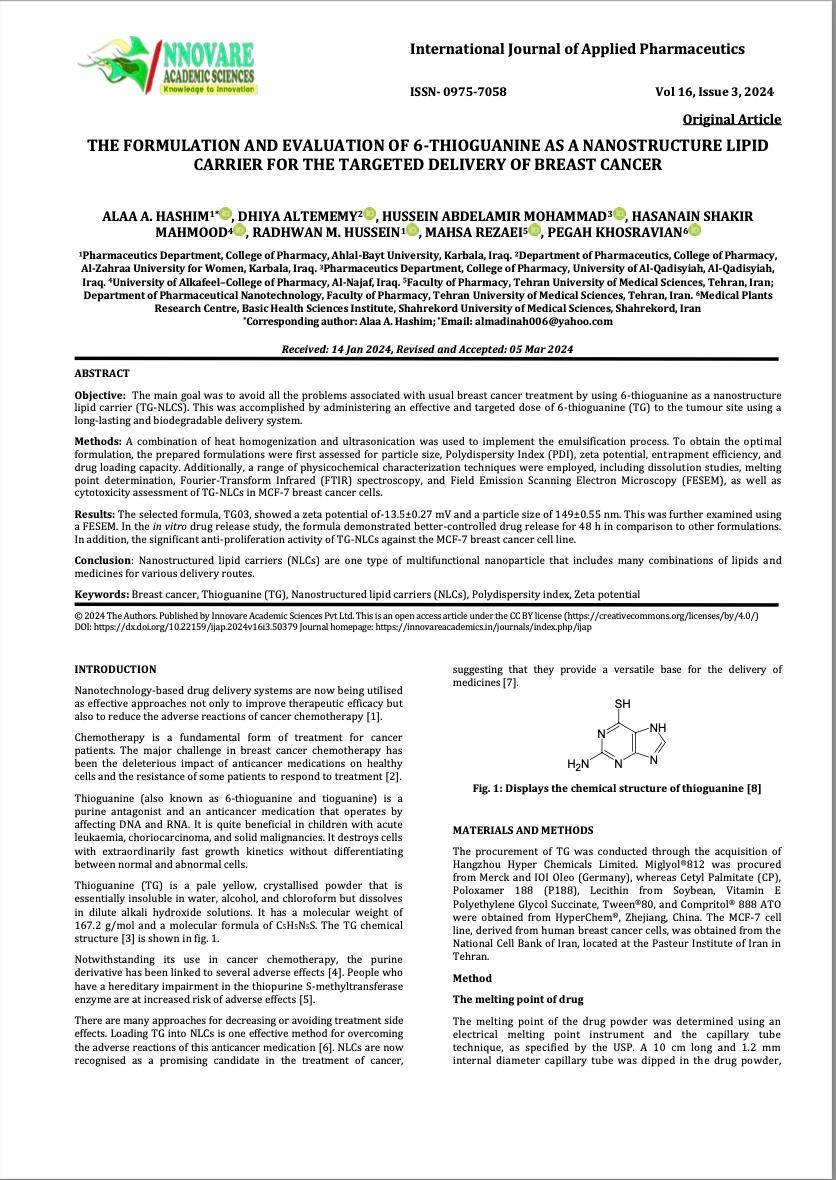تدريسي في كلية الصيدلة بجامعة الزهراء للبنات ينشر دراسة عن توصيل علاج سرطان الثدي باستخدام تقنية النانو